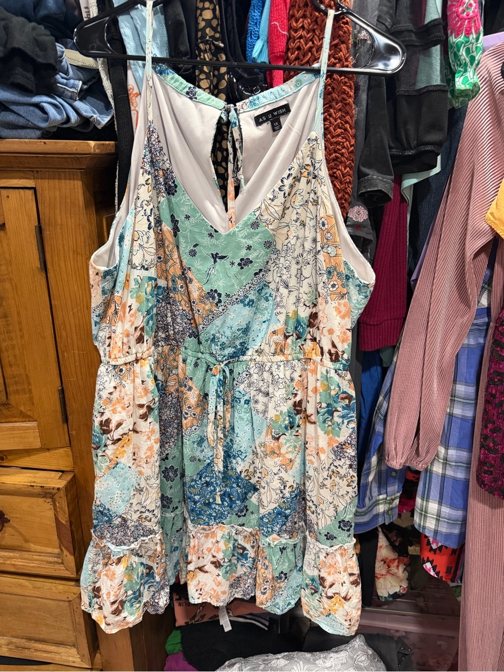 As U Wish Patchwork Floral Mini Dress — Mint & Peach & Blue